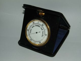 STYLISH ANTIQUE VINTAGE LEATHER CASED PORTABLE TRAVEL BAROMETER with ENAMEL DIAL 7