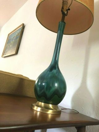 Vintage HAEGER Table Lamp MID - CENTURY MODERN Blue Green DRIP GLAZE Pottery Light 12