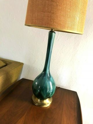 Vintage HAEGER Table Lamp MID - CENTURY MODERN Blue Green DRIP GLAZE Pottery Light 2