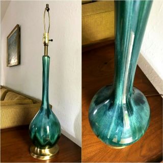 Vintage HAEGER Table Lamp MID - CENTURY MODERN Blue Green DRIP GLAZE Pottery Light 3