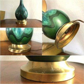 Vintage HAEGER Table Lamp MID - CENTURY MODERN Blue Green DRIP GLAZE Pottery Light 5