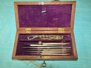 Vtg Antique Scalpel Doctor Surgeon Set Bone Handles Wood Box Lock & Key