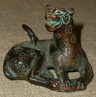 Antique 1700s Chinese Snarling Bronze Leopard W/ Incised Markings Scroll Weight