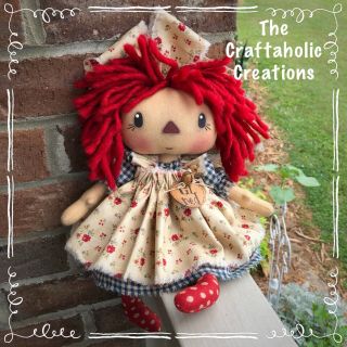 primitive raggedy ANN doll Annie floral flowers TAG lil RED polka dots 14” 2