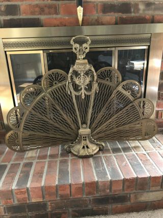 Vintage Antique Style Folding Peacock Fan Shaped Fireplace Fender Screen