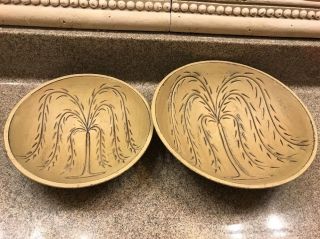 Two Wooden Bowls Incised With Weeping Willow Tree Design Folk Art Primitive