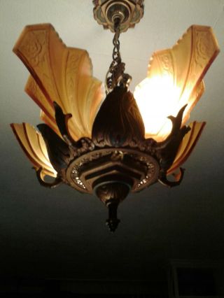 ANTIQUE ART DECO Slipper Shade Ceiling Light Thick Amber Shades Re - Wired. 4
