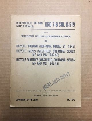 Ord 8 - 9 Snl G519 Ww2 Huffman Model 81 Folding Bicycle Columbia Westfield 1942 - 43