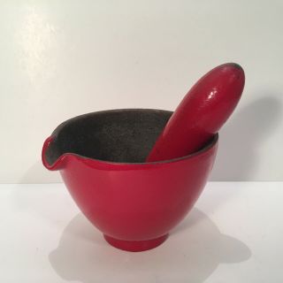 Vintage Red Enameled Cast Iron Mortar And Pestle