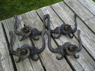 (4) Vintage Coat Hat Hall Tree Ornate Cast Iron Hooks 7