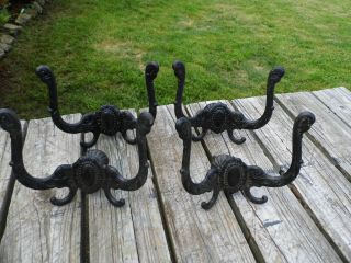 (4) Vintage Coat Hat Hall Tree Ornate Cast Iron Hooks 8