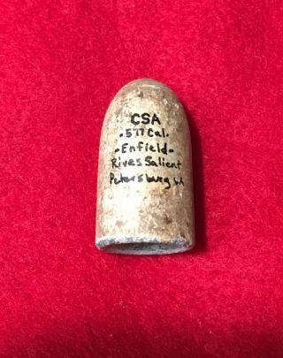 Dug Confederate Enfield Civil War Bullet Relic Rives Salient Petersburg Va