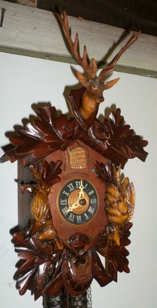 Rare Antique German Black Forest Hand Carved Hunter Deer Cuckoo Clock
