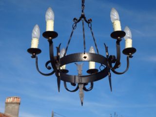 Antq French Wrought Iron 6 Candle Gothic Chateau Castle Chandelier Fleur De Lis