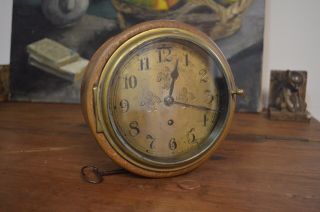 Antique Oak Cased Brass Circular Church Ministers Pulpit Clock With Key