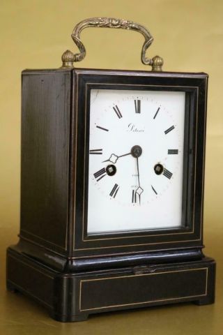 Antique French Campaign Carriage Clock By Potonie C1850 Ebony Case & Brass Inlay