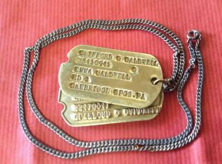 Orig.  Ww2 Us Army Brass Nok Dog Tags - Chain - Sterling Mkd.  Lock Ring