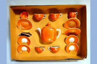 Vintage German Orange Lustreware Child Tea Set W/orginal Box Toy Porcelain
