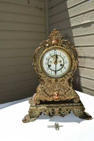 Antique Waterbury Mantle Clock Open Escapement Brass Porcealain Dial
