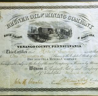 Antique 1865 BRUNER OIL & MINING COMPANY Stock Certificate Pennsylvania 5