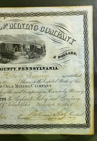 Antique 1865 BRUNER OIL & MINING COMPANY Stock Certificate Pennsylvania 6