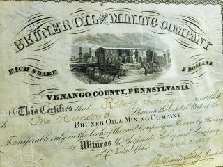 Antique 1865 BRUNER OIL & MINING COMPANY Stock Certificate Pennsylvania 7