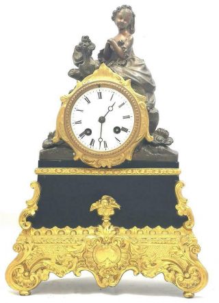 Exceptional Antique French 8 Day Gilt Metal Bell Striking Figural Mantle Clock