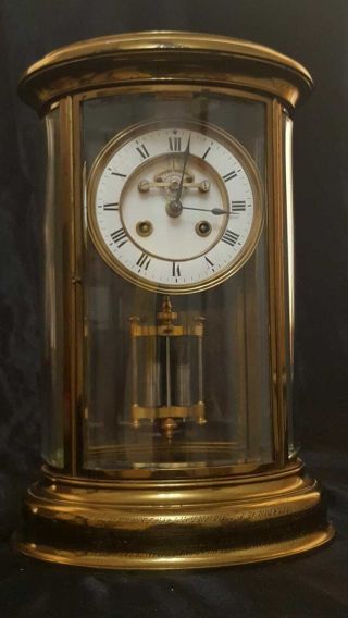 19 C French Oval Four Glass Mantel Clock 8 Day Striking Brass & Bevelled