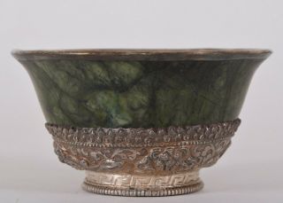Antique Chinese Spinach Jade Bowl Mounted Silver Decoration Dragon Phoenix