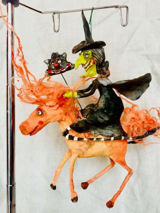 Primitive Handsculpted Wizard Of Oz Witch Riding Horse Of A Different Color 8”