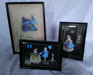 3 Painting Art Deco Large Butterfly Wing Picture 1940 Children Atelier