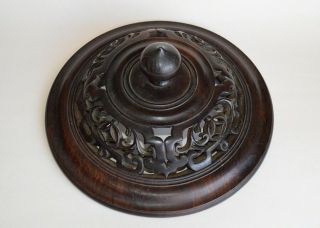 LARGE ANTIQUE CHINESE CARVED ROSEWOOD WOOD COVER LID FOR JAR VASE 3