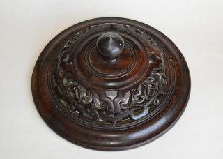 LARGE ANTIQUE CHINESE CARVED ROSEWOOD WOOD COVER LID FOR JAR VASE 4