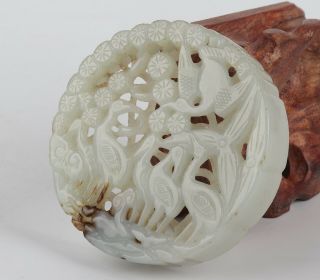 Antique Chinese Hetian Jade Carved Pendant Plaque With Pine Tree And Crane