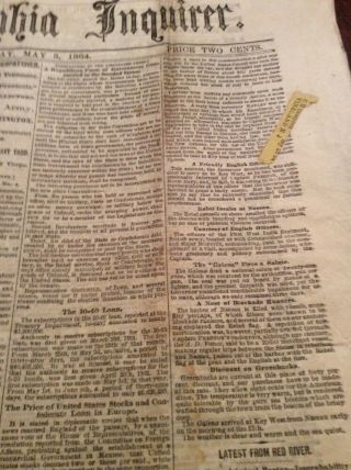 Philadelphia Newspaper Civil War Antique Paper 5/5 1864 Flotilla Gen Palmer Peck 2