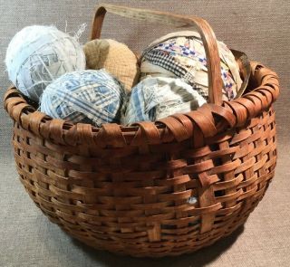 Estate Antique Old Farmhouse Handmade Fabric Alls And A Large Hand Woven Basket