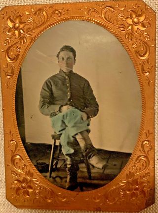 Civil War Military Union Soldier Seated In Full Uniform Tinted Tintype