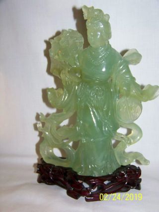Hand Carved Pale Green Chinese Jade Goddess Figure 8.  5 " High W/base 5.  5 " Wide