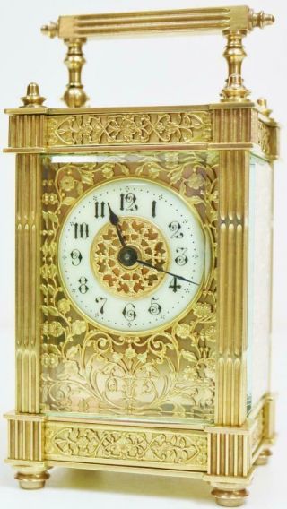 Antique French Carriage Clock 8 Day Brass & Fretwork Panel & Mask Dial Timepiece