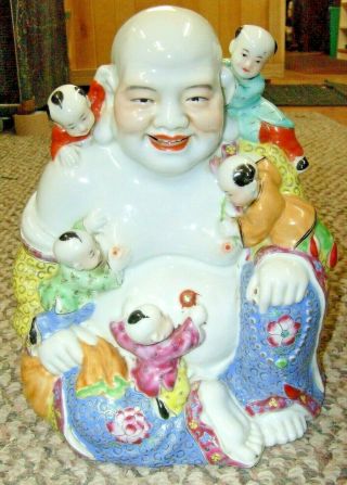 Large Vintage Antique Chinese Porcelain Happy Laughing Buddha With 5 Kids