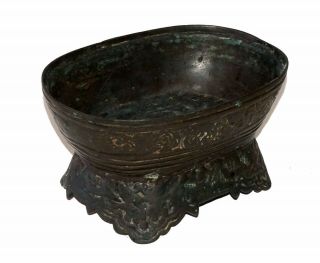 Antique Chinese Footed Oval Bronze Basin W.  Kangxi Reign Mark (rgr)