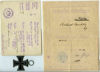 German Ww 1 Iron Cross 2.  Class - Marked With Award Document
