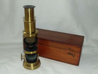 Good Antique Brass Field Microscope In Mahogany Box In