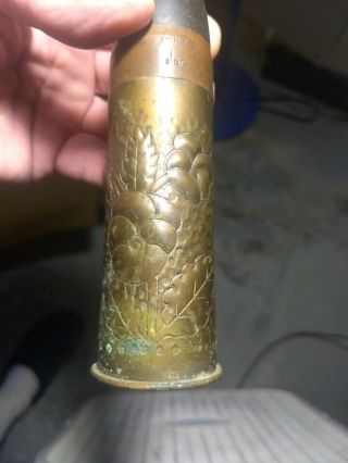 Ww1 Trench Art,  French Shell With Flower Design.  Totally Inert.