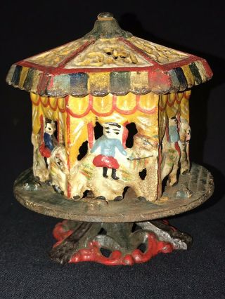 Antique Painted Cast Iron Toy Carousel Merry Go Round Mechanical Bank 2