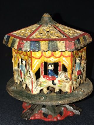 Antique Painted Cast Iron Toy Carousel Merry Go Round Mechanical Bank 3