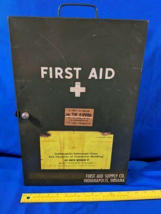 Antique Wwii - Era Large Wall Hanging First Aid Kit Indianapolis Medicine Cabinet
