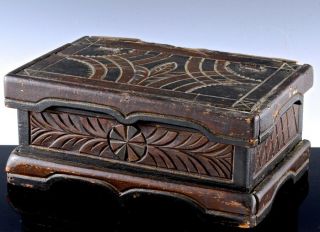 Early C1850 Canadian Folk Art Carved Wood Miniature Blanket Box In Paint