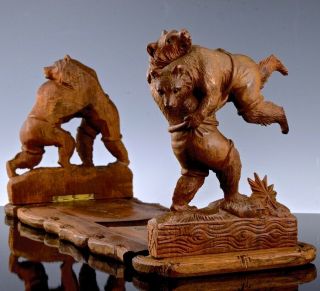 Incredible 19c Victorian Black Forest Germany Carved Walnut Bears Bookends Rack