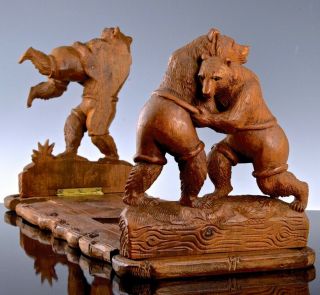 INCREDIBLE 19C VICTORIAN BLACK FOREST GERMANY CARVED WALNUT BEARS BOOKENDS RACK 2